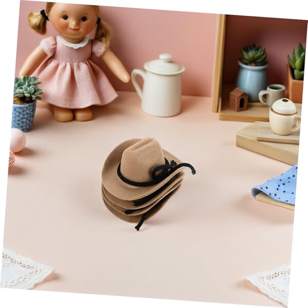 4 Mini Cappelli Cowgirl Western Floccati Beige per Bambole e Decorazioni Creative