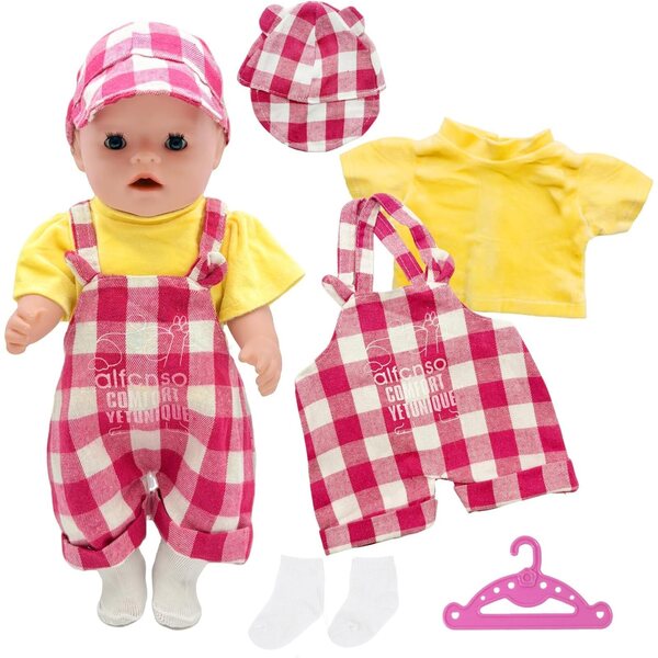 Set mit 5 Kleidungsstücken für 35–45 cm große Puppen mit rot kariertem Overall und weichen und sicheren Accessoires