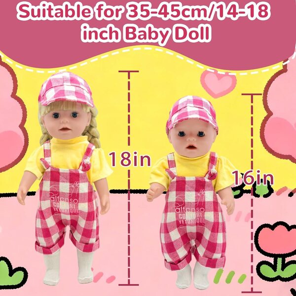 Set mit 5 Kleidungsstücken für 35–45 cm große Puppen mit rot kariertem Overall und weichen und sicheren Accessoires