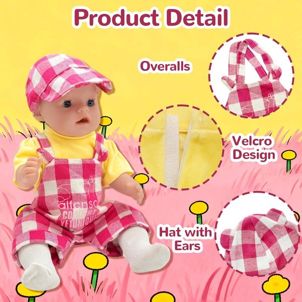 Set mit 5 Kleidungsstücken für 35–45 cm große Puppen mit rot kariertem Overall und weichen und sicheren Accessoires