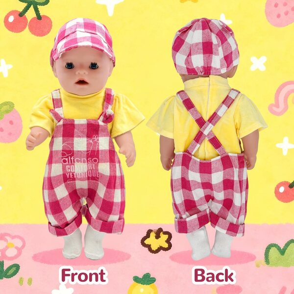 Set mit 5 Kleidungsstücken für 35–45 cm große Puppen mit rot kariertem Overall und weichen und sicheren Accessoires