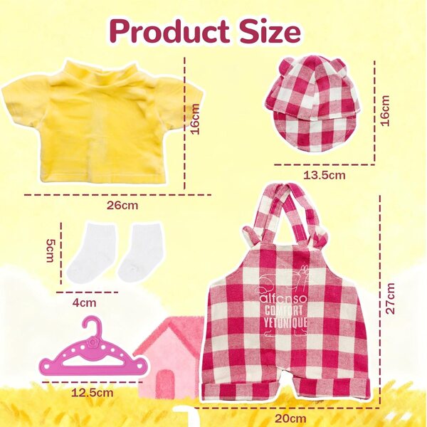 Set mit 5 Kleidungsstücken für 35–45 cm große Puppen mit rot kariertem Overall und weichen und sicheren Accessoires