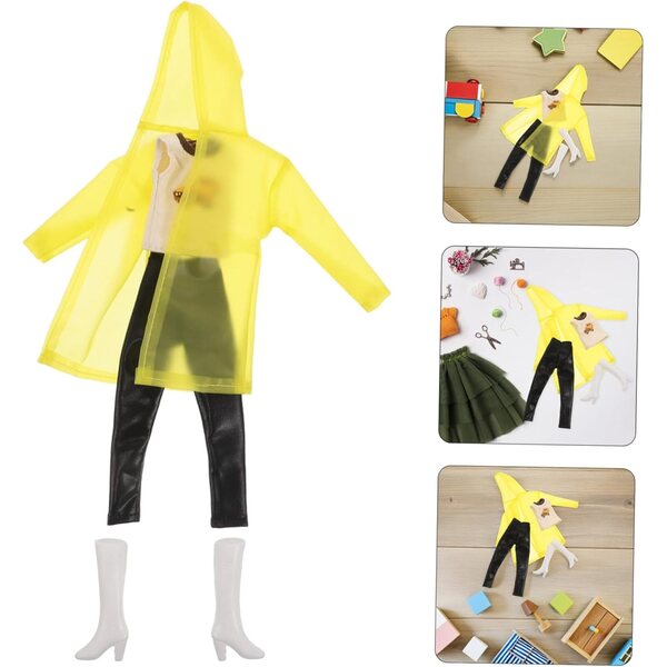 Vaguelly Gelbes Regenmantel-Set für Puppen mit Poncho, Weste, Hose und Stiefeln