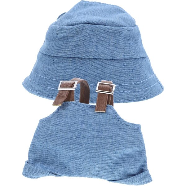 Vaguelly Miniaturkostüm für Puppen mit blauem Hut und passender Latzhose