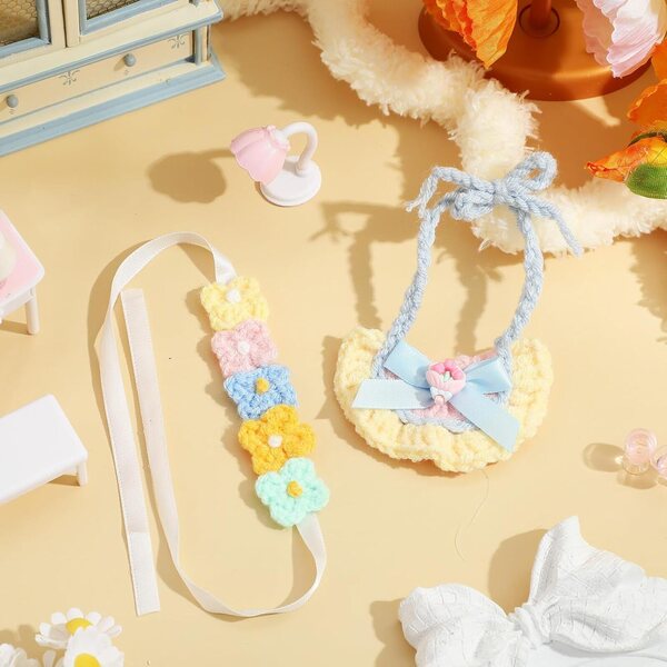 Blumen-Stirnband und Lätzchen-Set für weiche Baumwollpuppen – Cosplay-Zubehör, 17 cm