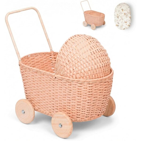 GON Kinderwagen 3 in 1 Kinderwagen aus natürlichem Rattan, Puppenwagen mit Kissen und Matratze