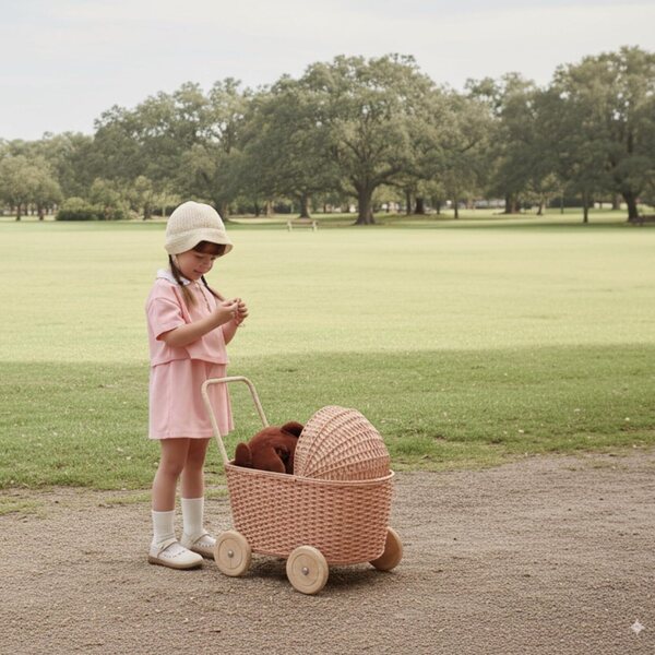 GON Kinderwagen 3 in 1 Kinderwagen aus natürlichem Rattan, Puppenwagen mit Kissen und Matratze