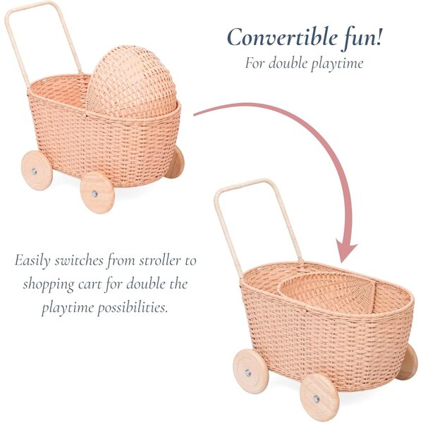 GON Kinderwagen 3 in 1 Kinderwagen aus natürlichem Rattan, Puppenwagen mit Kissen und Matratze