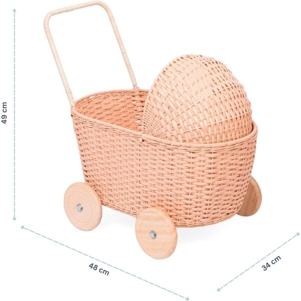 GON Kinderwagen 3 in 1 Kinderwagen aus natürlichem Rattan, Puppenwagen mit Kissen und Matratze