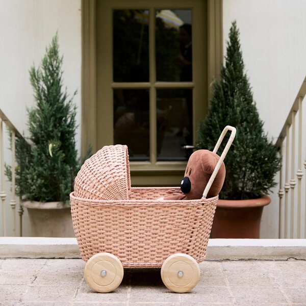 GON Kinderwagen 3 in 1 Kinderwagen aus natürlichem Rattan, Puppenwagen mit Kissen und Matratze