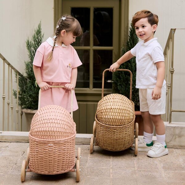 GON Kinderwagen 3 in 1 Kinderwagen aus natürlichem Rattan, Puppenwagen mit Kissen und Matratze