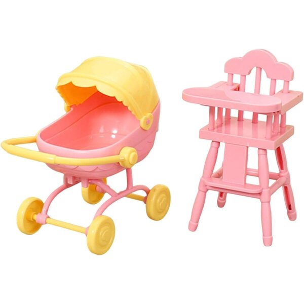 Set 1:12 Miniatur-Hochstuhl und Kinderwagen für rosa Spielhauspuppen