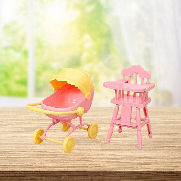 Set 1:12 Miniatur-Hochstuhl und Kinderwagen für rosa Spielhauspuppen