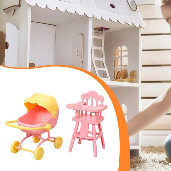 Set 1:12 Miniatur-Hochstuhl und Kinderwagen für rosa Spielhauspuppen