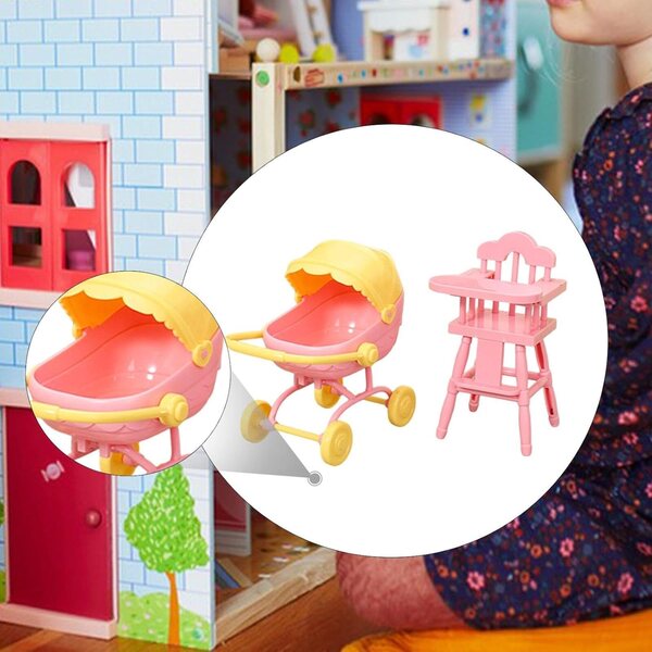 Set 1:12 Miniatur-Hochstuhl und Kinderwagen für rosa Spielhauspuppen
