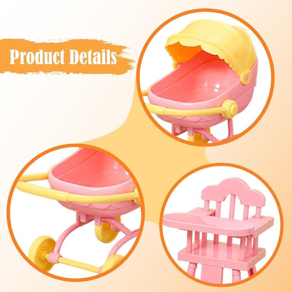 Set 1:12 Miniatur-Hochstuhl und Kinderwagen für rosa Spielhauspuppen