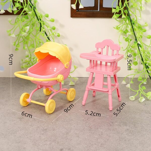 Set 1:12 Miniatur-Hochstuhl und Kinderwagen für rosa Spielhauspuppen