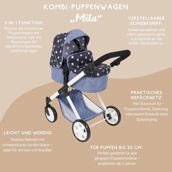 Bayer Chic 2000 Mila 2-in-1-Kinderwagen für Puppen Stellina Navy, verstellbarer Griff