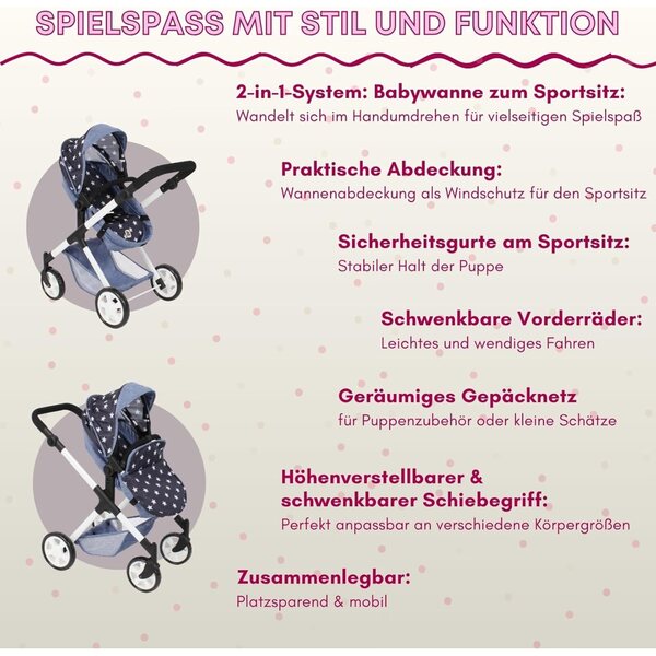 Bayer Chic 2000 Mila 2-in-1-Kinderwagen für Puppen Stellina Navy, verstellbarer Griff