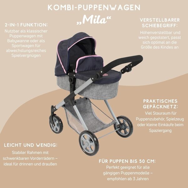 Bayer Chic 2000 Mila 2-in-1 Puppenwagen mit verstellbarem Griff und modernem Rahmen
