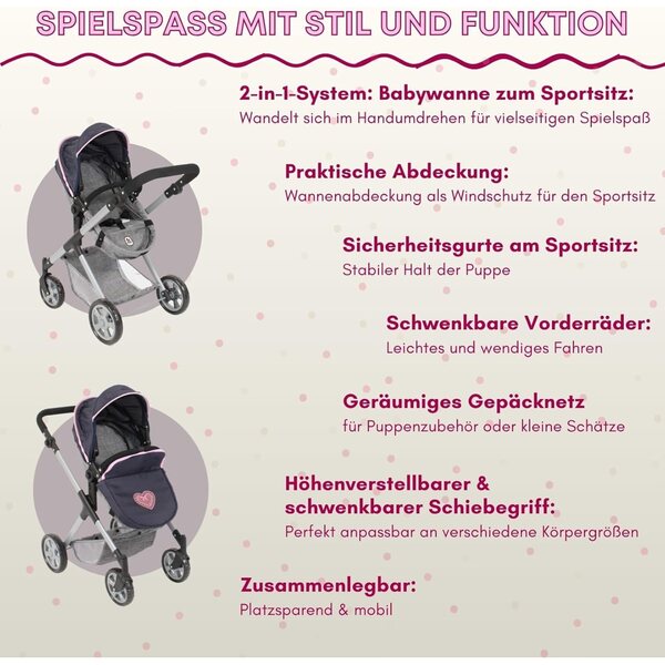 Bayer Chic 2000 Mila 2-in-1 Puppenwagen mit verstellbarem Griff und modernem Rahmen