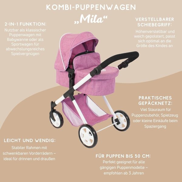 Bayer Chic 2000 Mila Passeggino Bambole 2 in 1 Manico Regolabile Ruote Girevoli