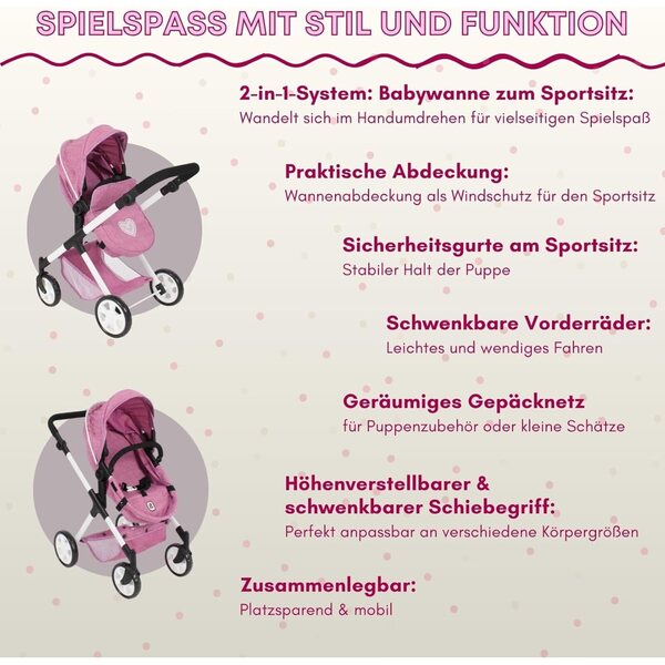 Bayer Chic 2000 Mila Passeggino Bambole 2 in 1 Manico Regolabile Ruote Girevoli