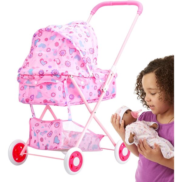Rosa oder blauer Puppenwagen mit stabiler Struktur und weichem Stoff