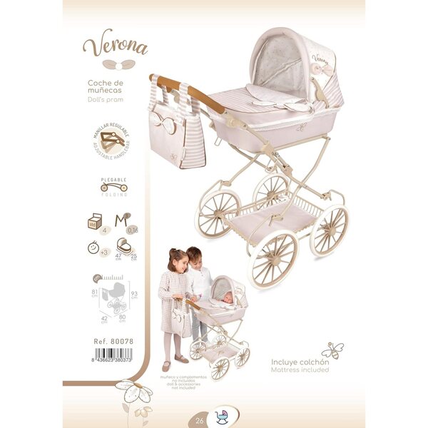 DeCuevas Toys Verona Zusammenklappbarer Puppenwagen mit Tasche und Ablagefach