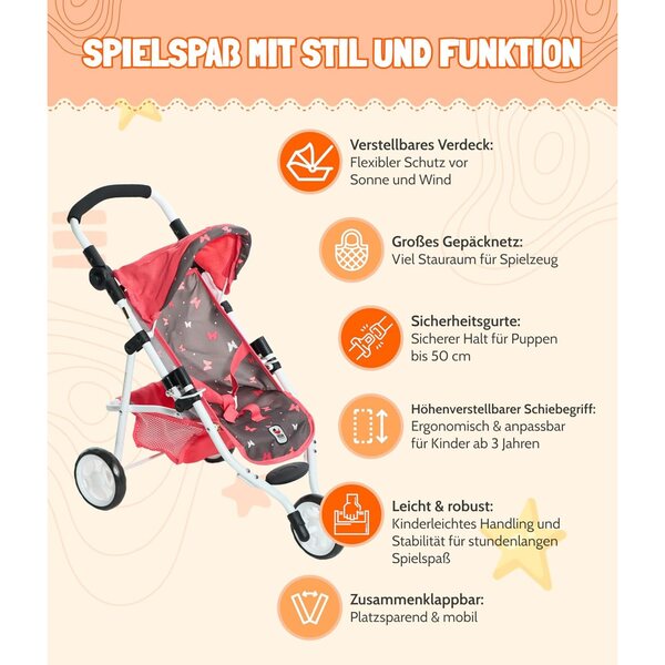 Bayer Chic 2000 Lola Puppenwagen mit verstellbarem Griff und klappbarem Verdeck
