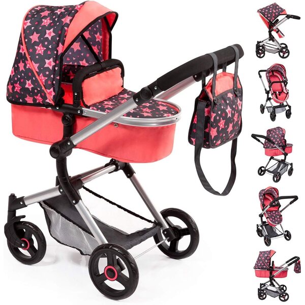 Bayer Design Neo Vario verstellbarer Puppenwagen mit Tasche, Rot und Schwarz