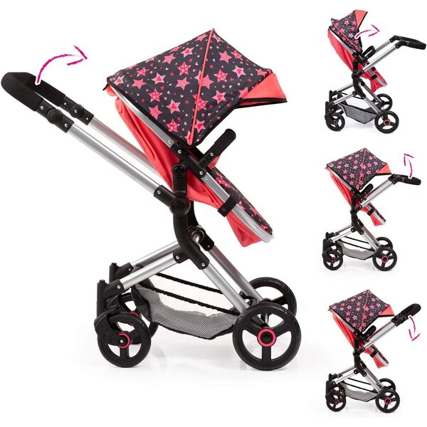 Bayer Design Neo Vario verstellbarer Puppenwagen mit Tasche, Rot und Schwarz