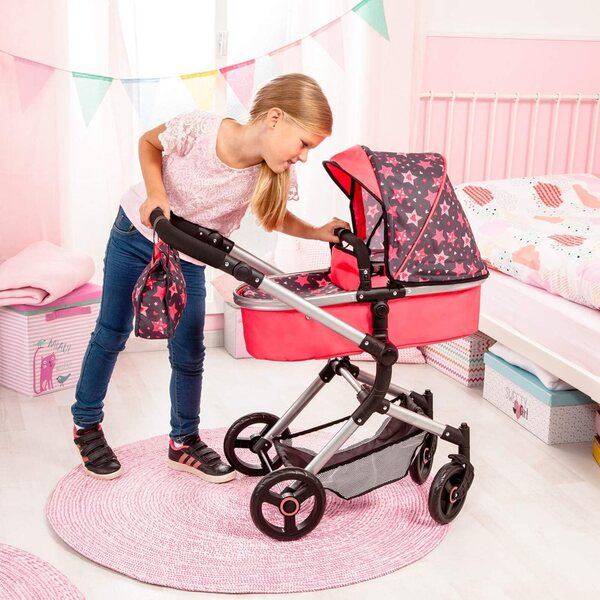 Bayer Design Neo Vario verstellbarer Puppenwagen mit Tasche, Rot und Schwarz