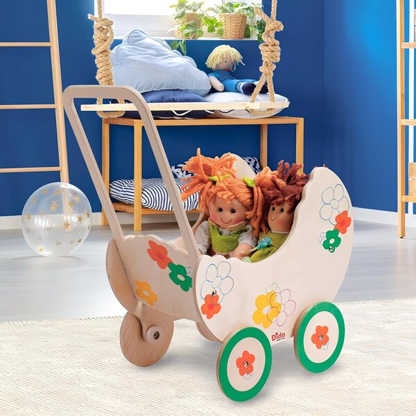 Holz-Kinderwagen für Puppen bis 35 cm – Spielzeug-Kinderwagen für Kinder von 2–4 Jahren