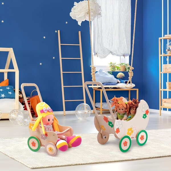 Holz-Kinderwagen für Puppen bis 35 cm – Spielzeug-Kinderwagen für Kinder von 2–4 Jahren