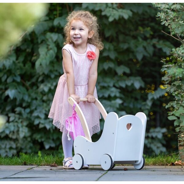 Engelhart Puppenwagen aus Holz 50x28x46 cm - Rosa und Weiß, +3 Jahre
