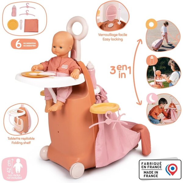 Smoby Baby Nurse – 3-in-1-Wagen für Puppen bis 42 cm mit 6 Zubehörteilen im Lieferumfang enthalten