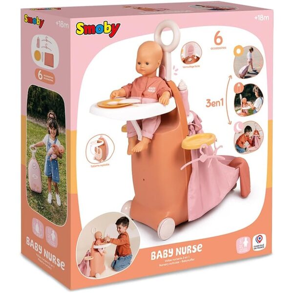 Smoby Baby Nurse – 3-in-1-Wagen für Puppen bis 42 cm mit 6 Zubehörteilen im Lieferumfang enthalten