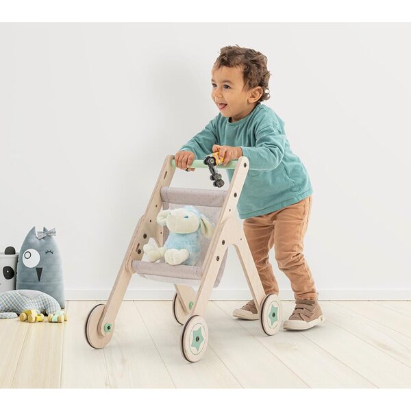 Mamatoyz Trio Kinderwagen Spielzeug-Kinderwagen aus Naturholz für die ersten Schritte der Kinder