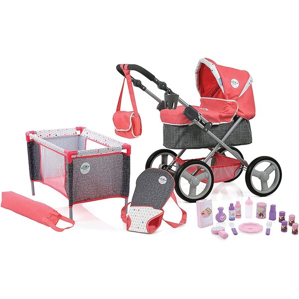 Angie Puppenset 20-teilig mit Kinderwagen, Kinderbett und Zubehör für Kinder ab 3 Jahren