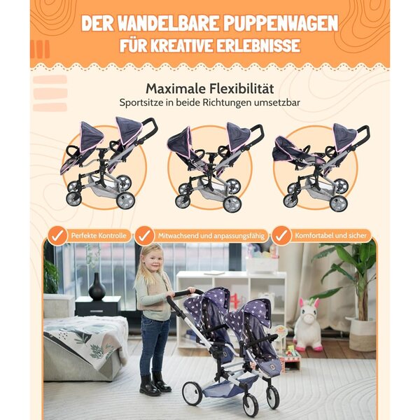 Linus Duo Bayer Chic 2000 Zwillingskinderwagen für Puppen bis 52 cm, rosa