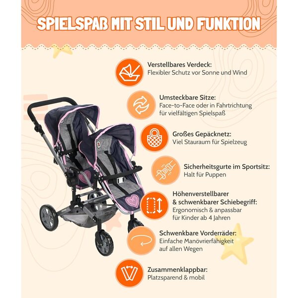 Linus Duo Bayer Chic 2000 Zwillingskinderwagen für Puppen bis 52 cm, rosa