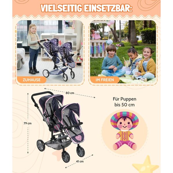 Linus Duo Bayer Chic 2000 Zwillingskinderwagen für Puppen bis 52 cm, rosa