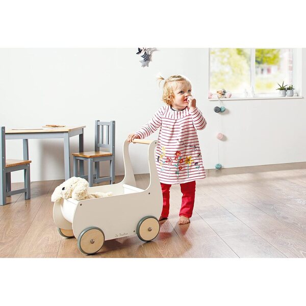 Pinolino Puppenwagen Mette aus weißem Holz, ideal für Spiele und Entdeckungstouren