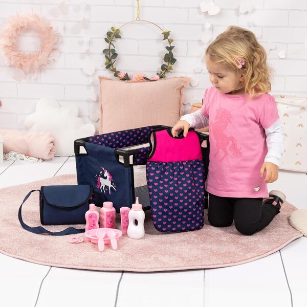 Bayer Design set lettino da viaggio, sacco a pelo, borsa e accessori per bambola 42-46cm