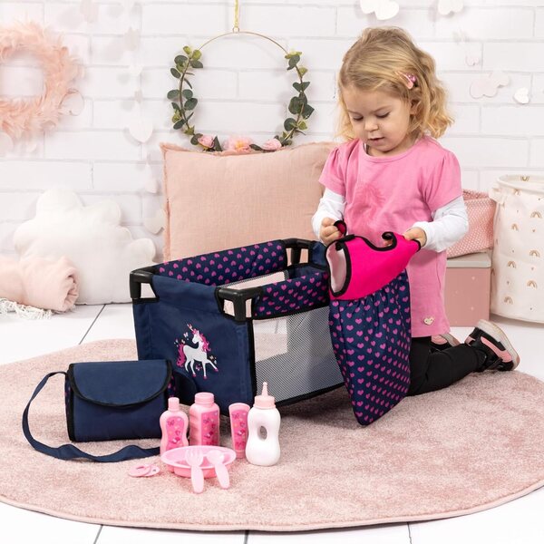 Bayer Design set lettino da viaggio, sacco a pelo, borsa e accessori per bambola 42-46cm