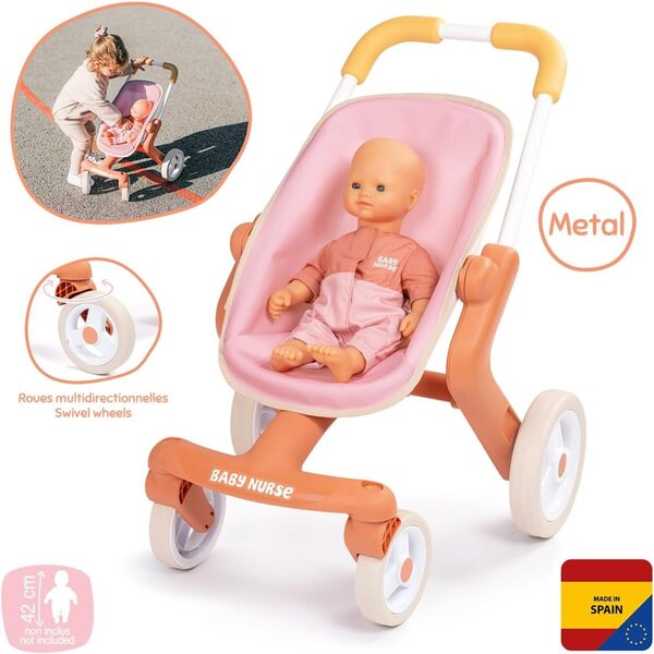 Smoby Baby Nurse Pop Kinderwagen für Puppen bis 42 cm mit multidirektionalen Rädern