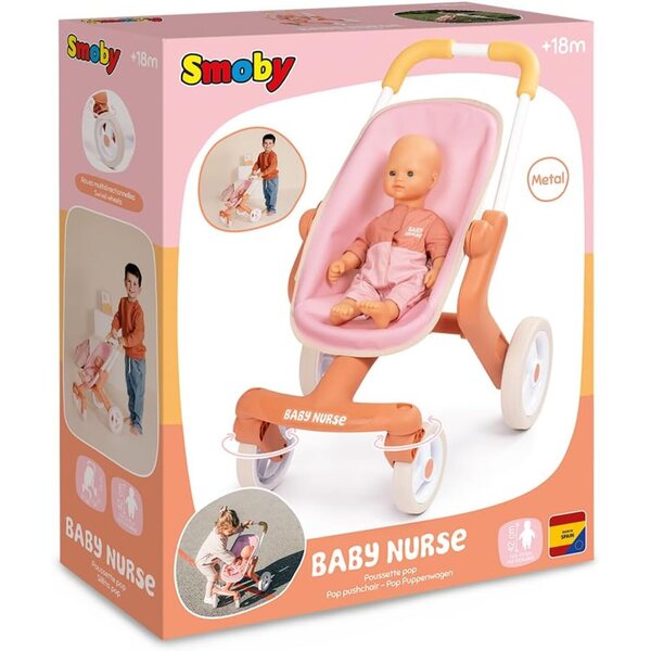 Smoby Baby Nurse Pop Kinderwagen für Puppen bis 42 cm mit multidirektionalen Rädern