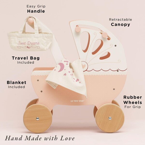 Le Toy Van Spielzeugkinderwagen aus FSC-Holz mit Tasche und Baumwolldecke, 54 cm, Montessori