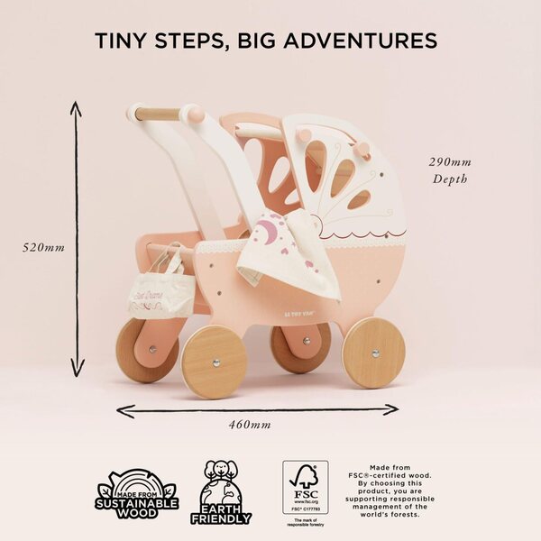 Le Toy Van Spielzeugkinderwagen aus FSC-Holz mit Tasche und Baumwolldecke, 54 cm, Montessori